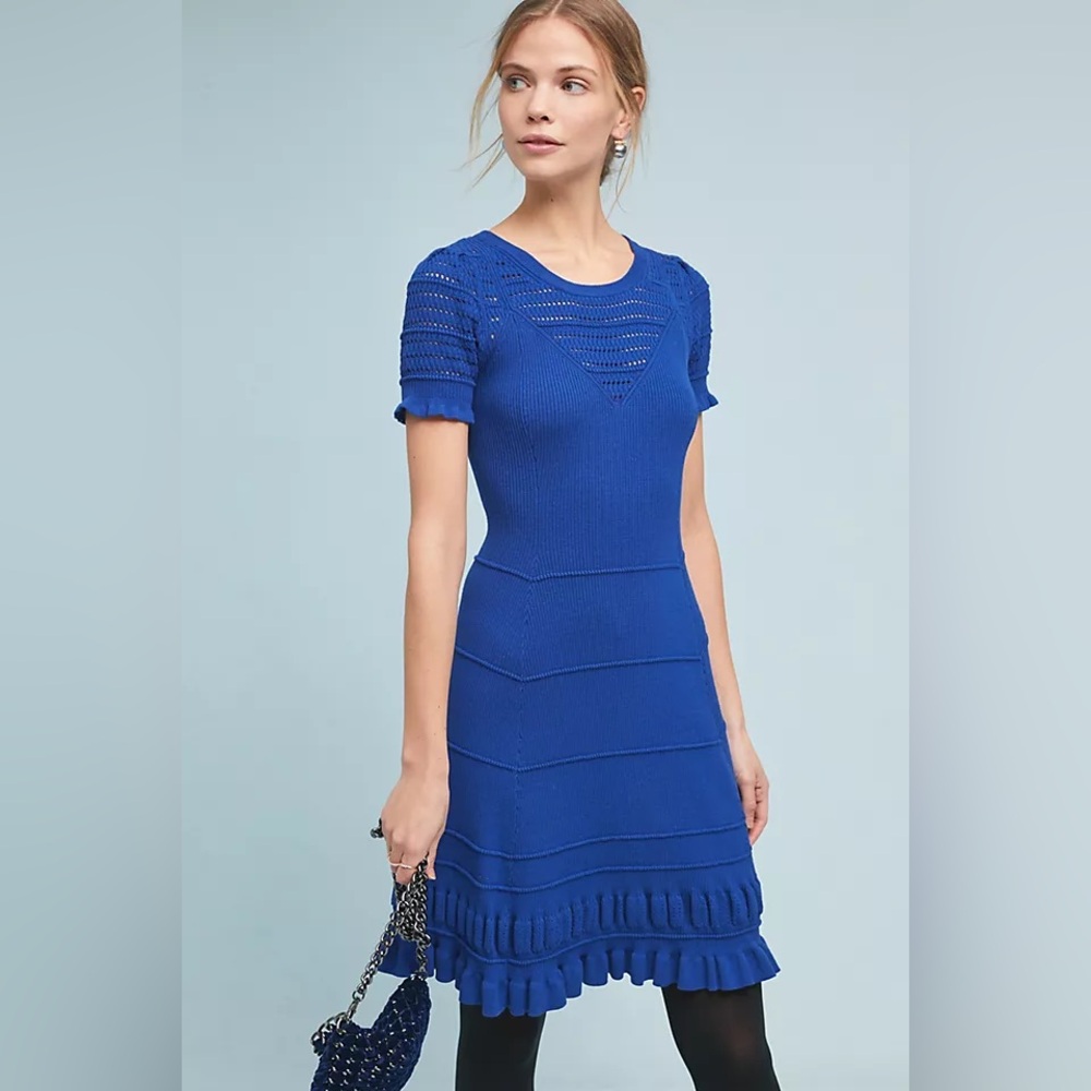 Maeve Royal Blue Knit Dress with Ruffle Sleeves, Anthropologie
